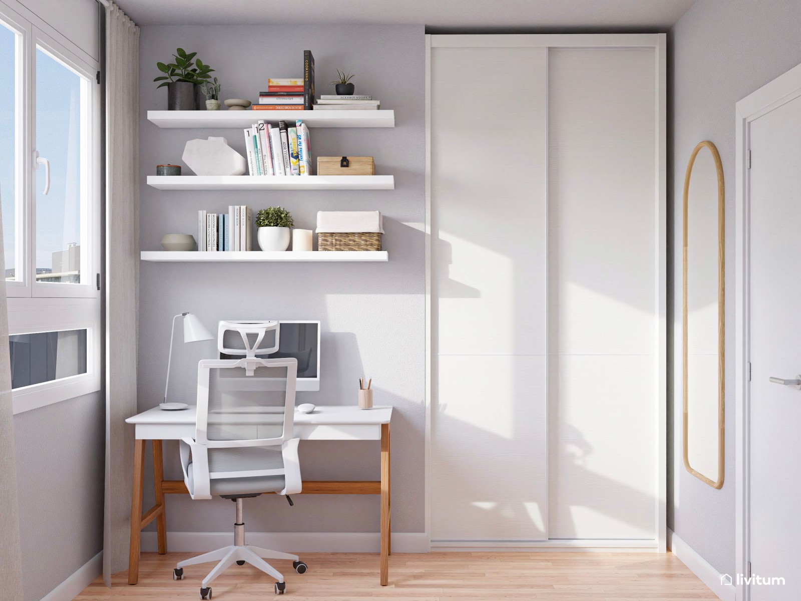 Dormitorio con cama abatible y escritorio 