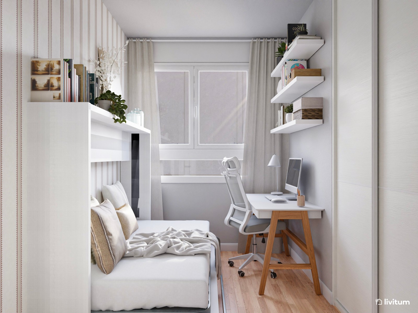 Dormitorio con cama abatible y escritorio 