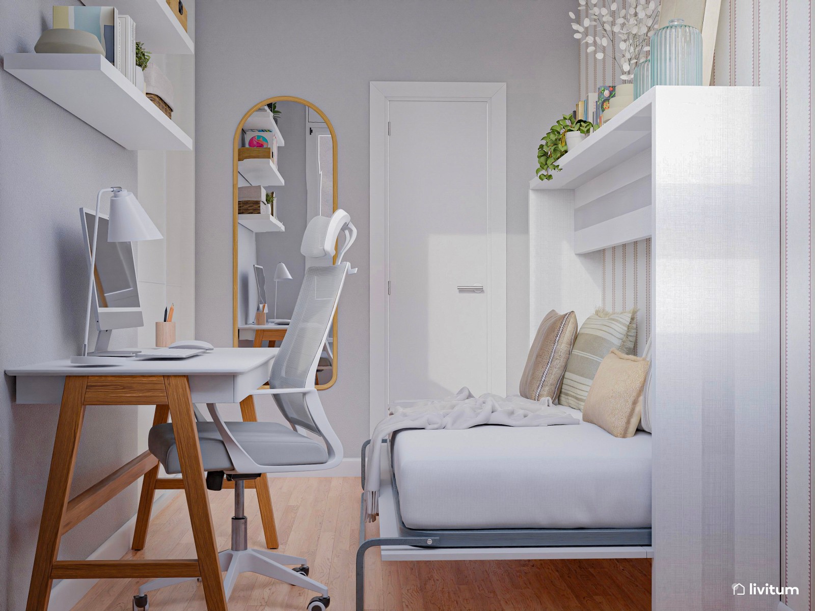Dormitorio con cama abatible y escritorio 