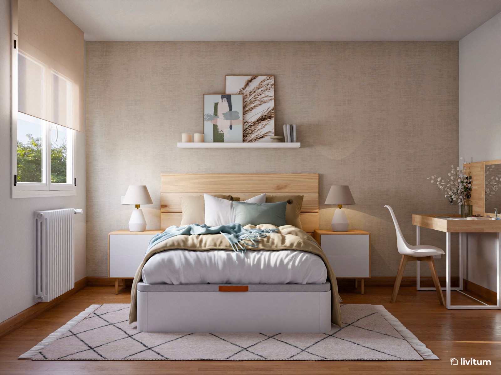 Dormitorio con decoración natural y un tocador muy original
