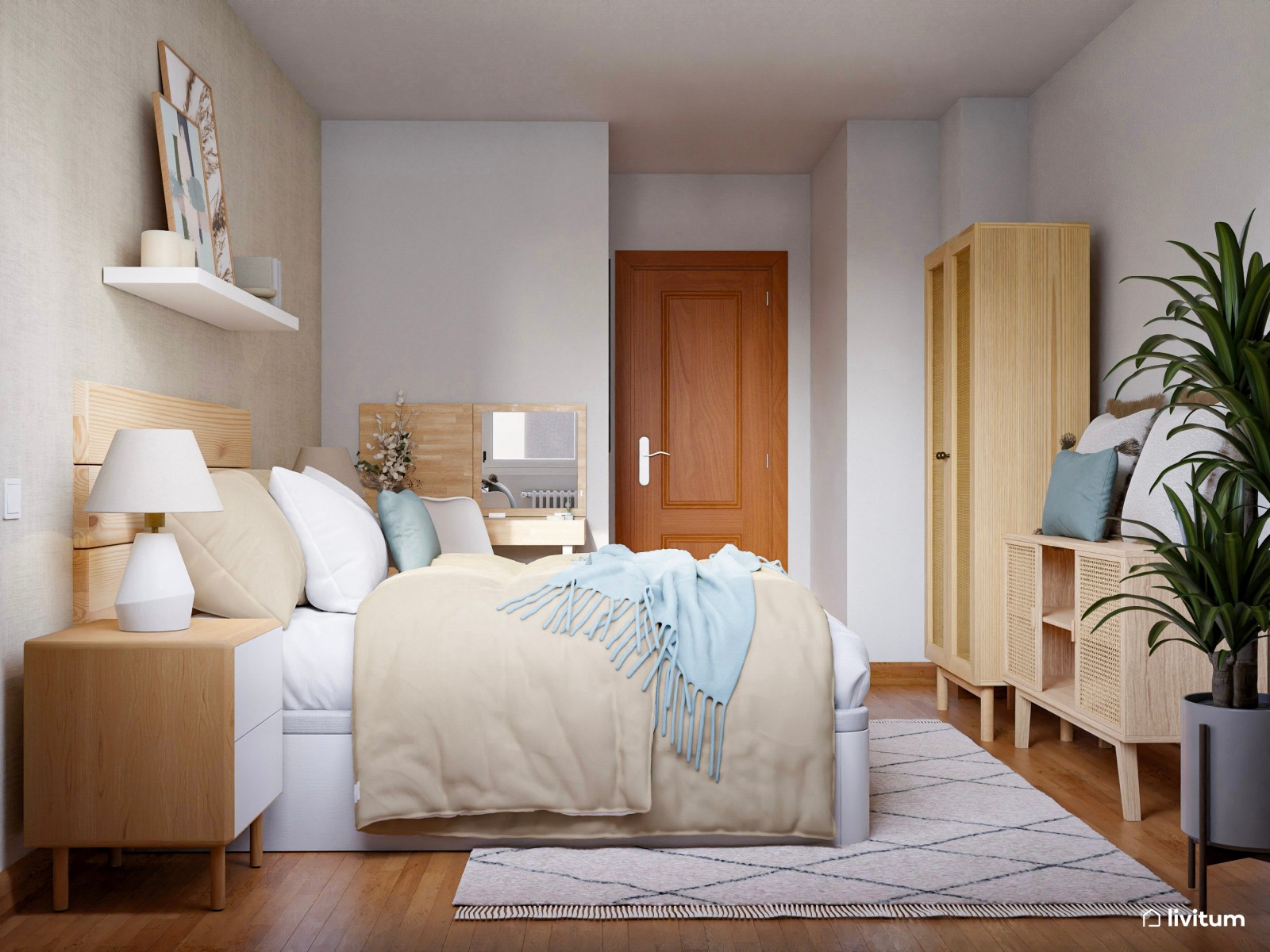 Dormitorio con decoración natural y un tocador muy original