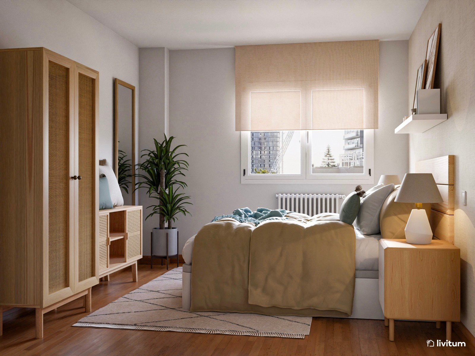 Dormitorio con decoración natural y un tocador muy original