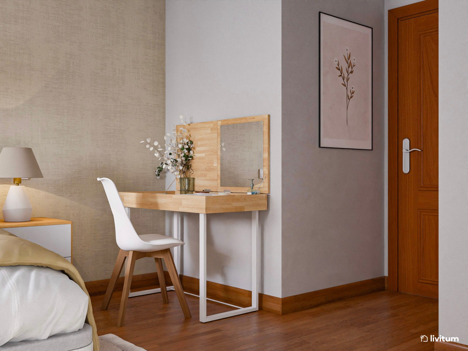 Dormitorio con decoración natural y un tocador muy original