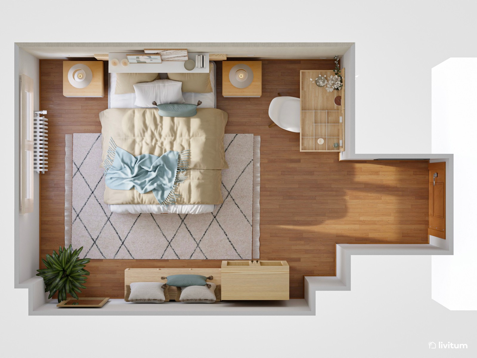 Dormitorio con decoración natural y un tocador muy original