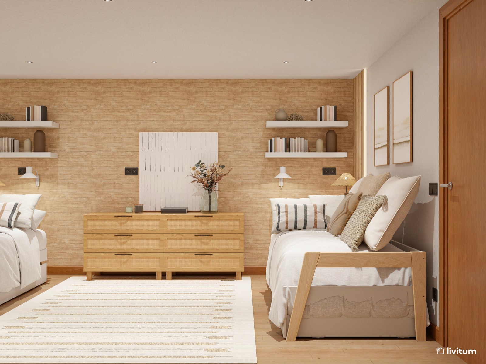 Dormitorio con dos camas con decoración totalmente simétrica