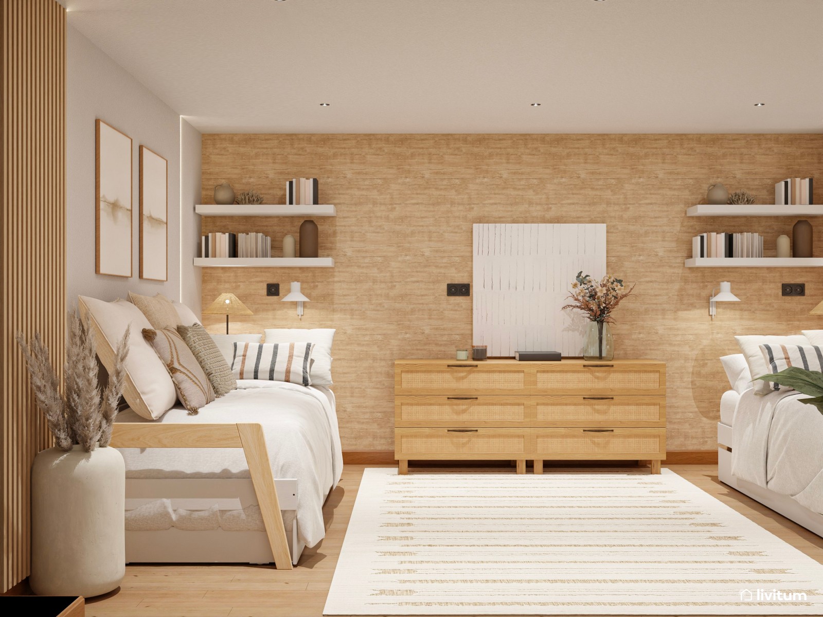 Dormitorio con dos camas con decoración totalmente simétrica