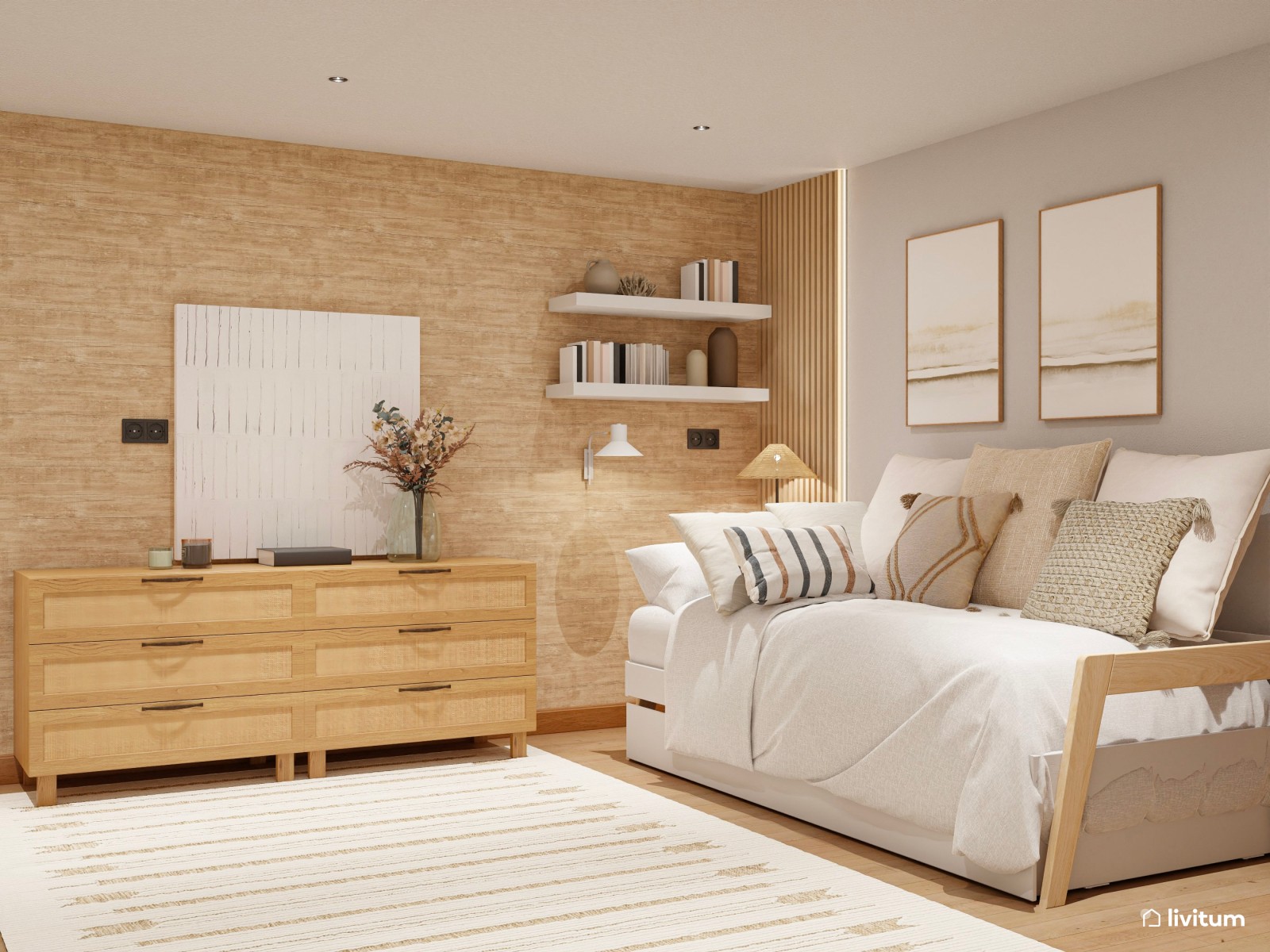 Dormitorio con dos camas con decoración totalmente simétrica