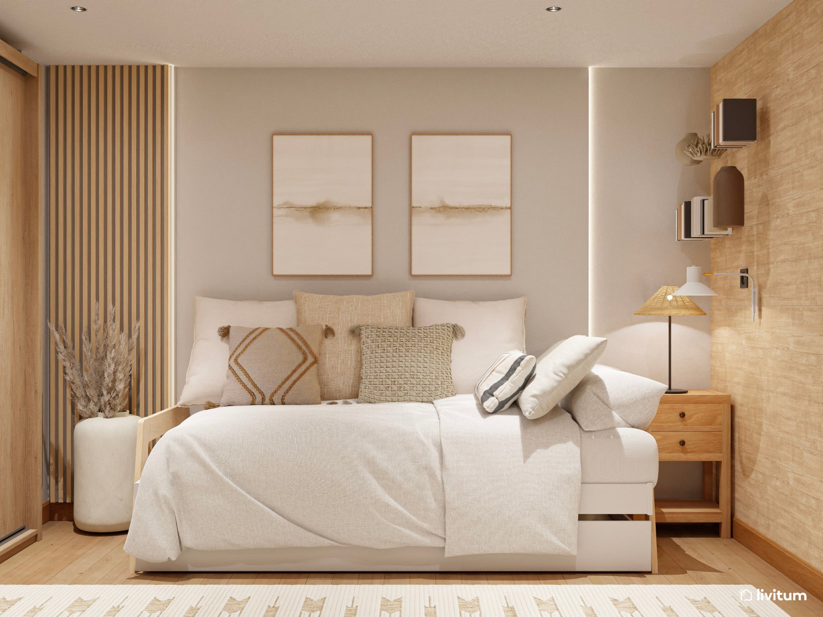 Dormitorio con dos camas con decoración totalmente simétrica