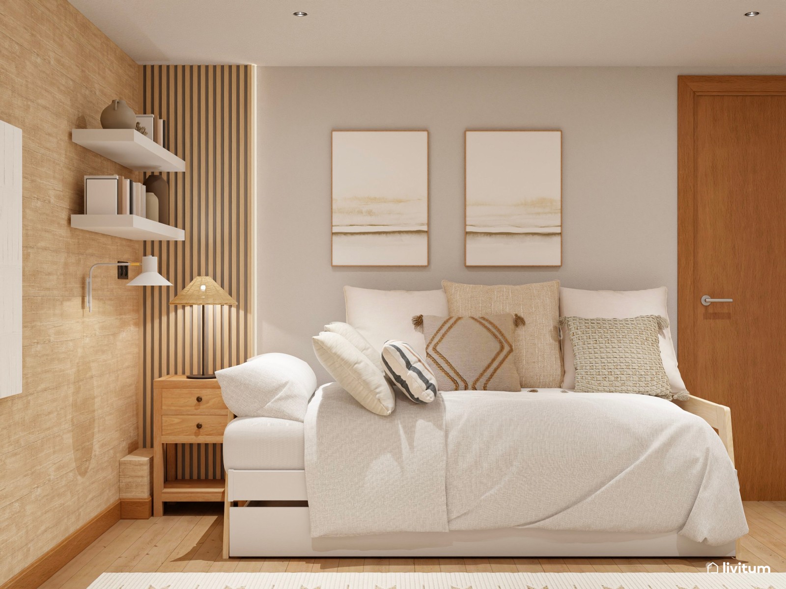 Dormitorio con dos camas con decoración totalmente simétrica