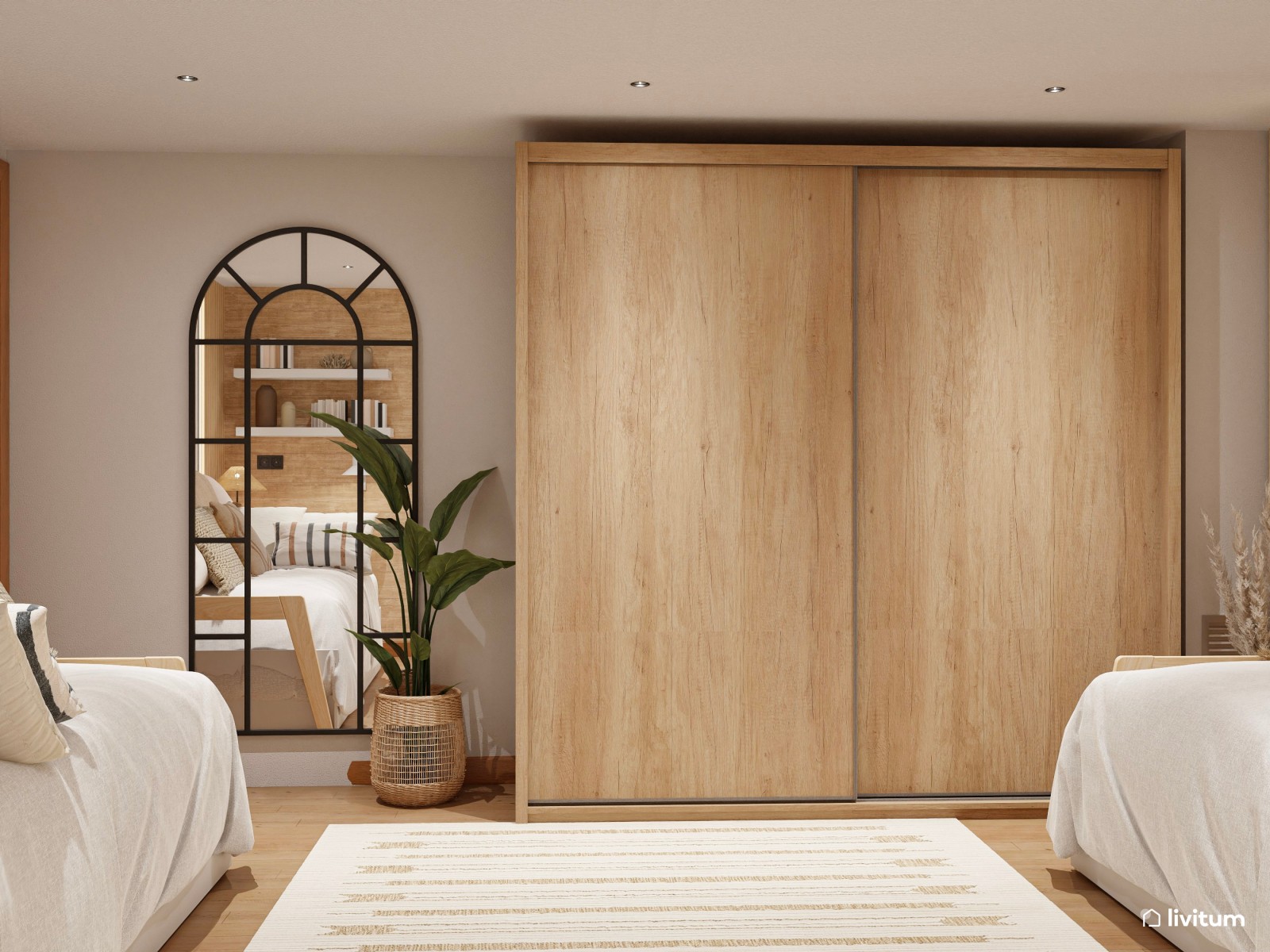 Dormitorio con dos camas con decoración totalmente simétrica