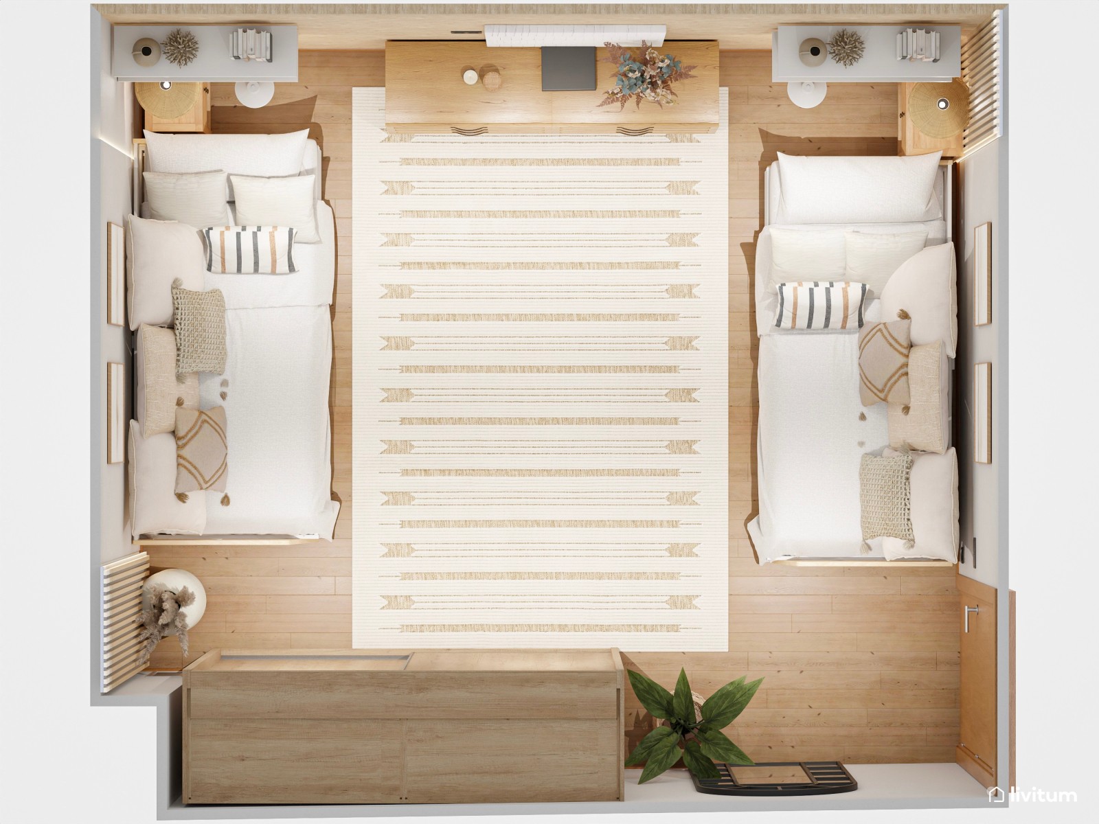 Dormitorio con dos camas con decoración totalmente simétrica