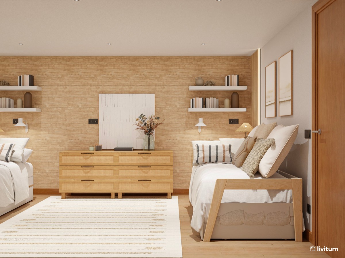 Dormitorio con dos camas con decoración totalmente simétrica