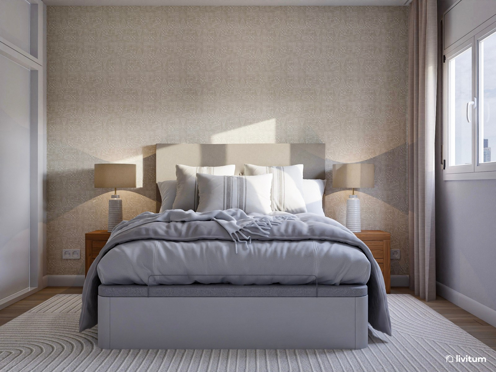 Dormitorio con elegante papel pintado y espectacular aparador de madera