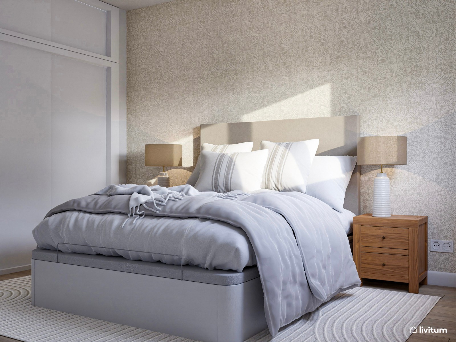 Dormitorio con elegante papel pintado y espectacular aparador de madera