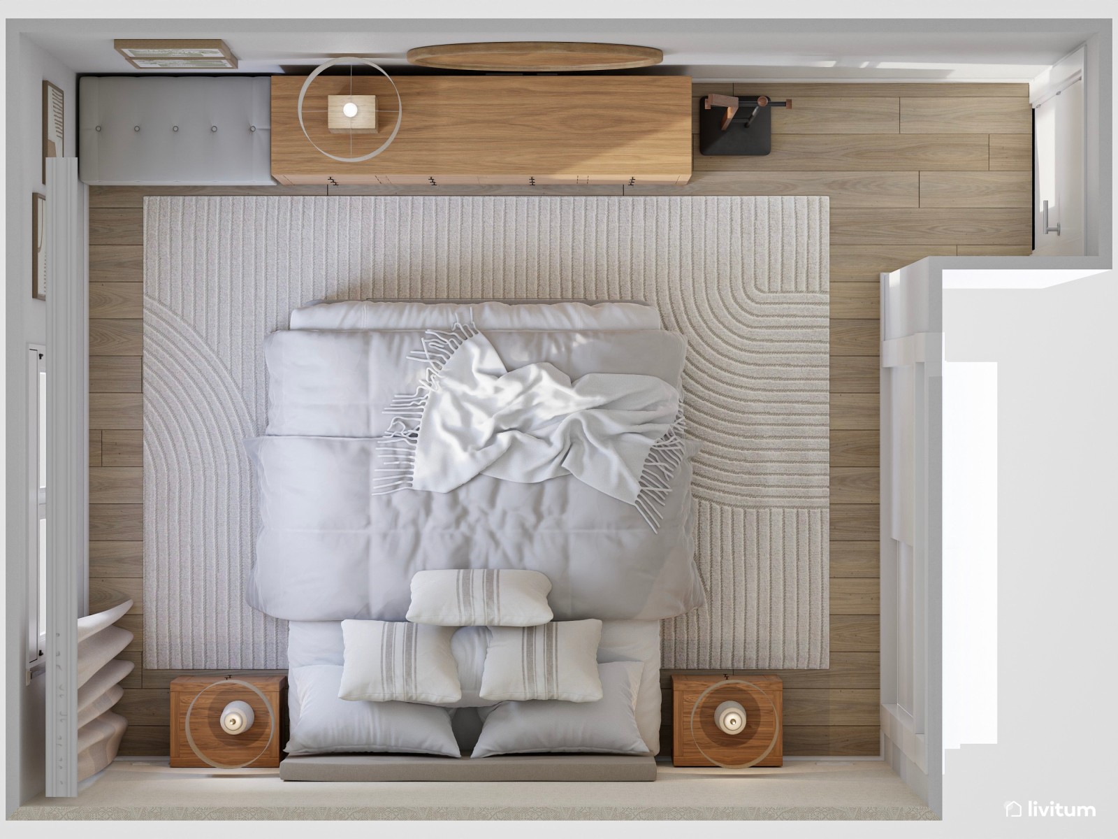 Dormitorio con elegante papel pintado y espectacular aparador de madera