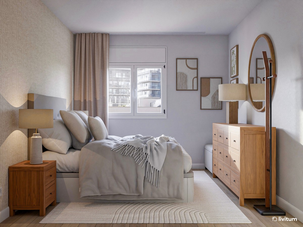 Dormitorio con elegante papel pintado y espectacular aparador de madera