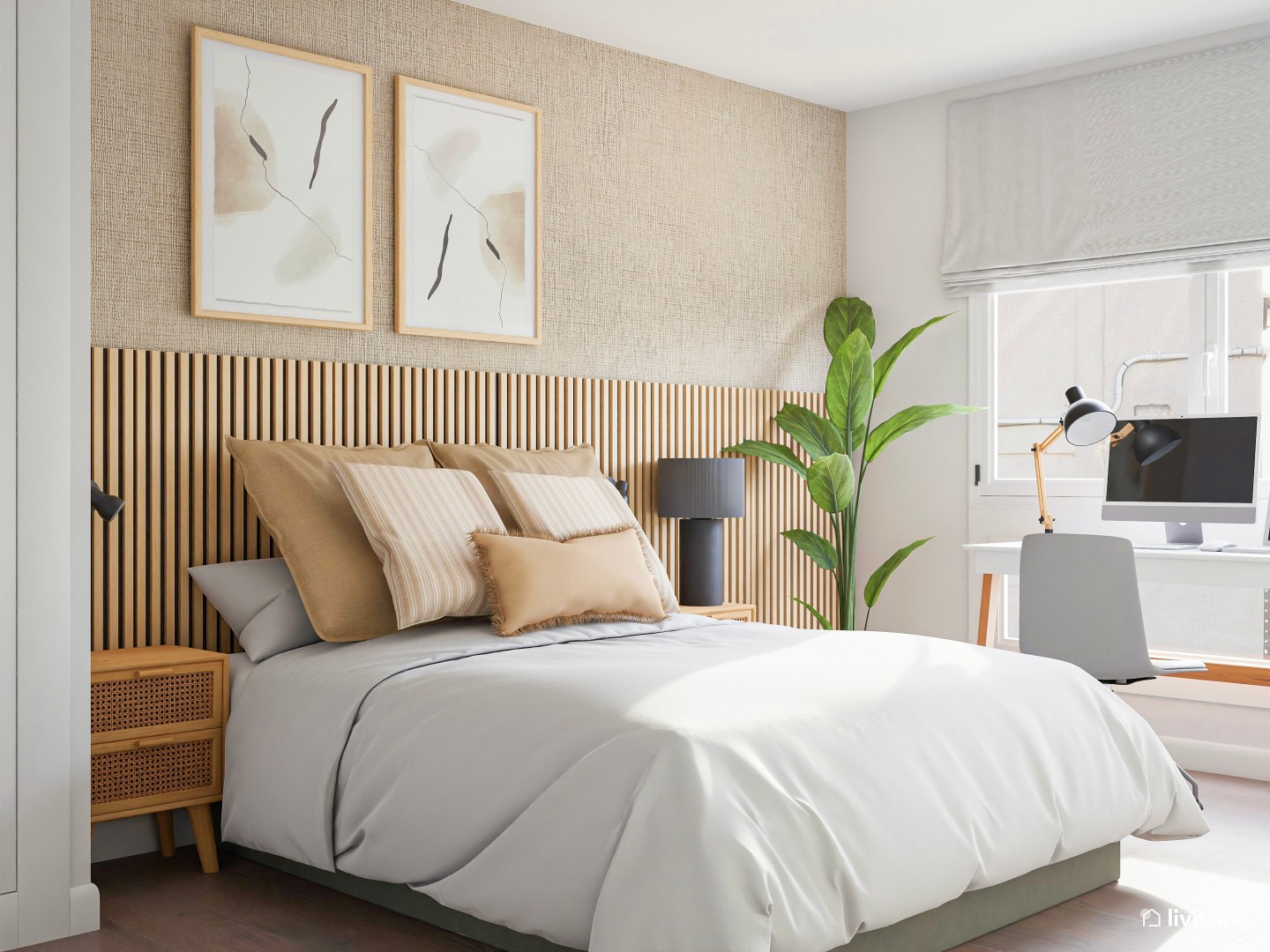 dormitorio-con-escritorio-y-cabecero-de-listones-de-madera-livitum