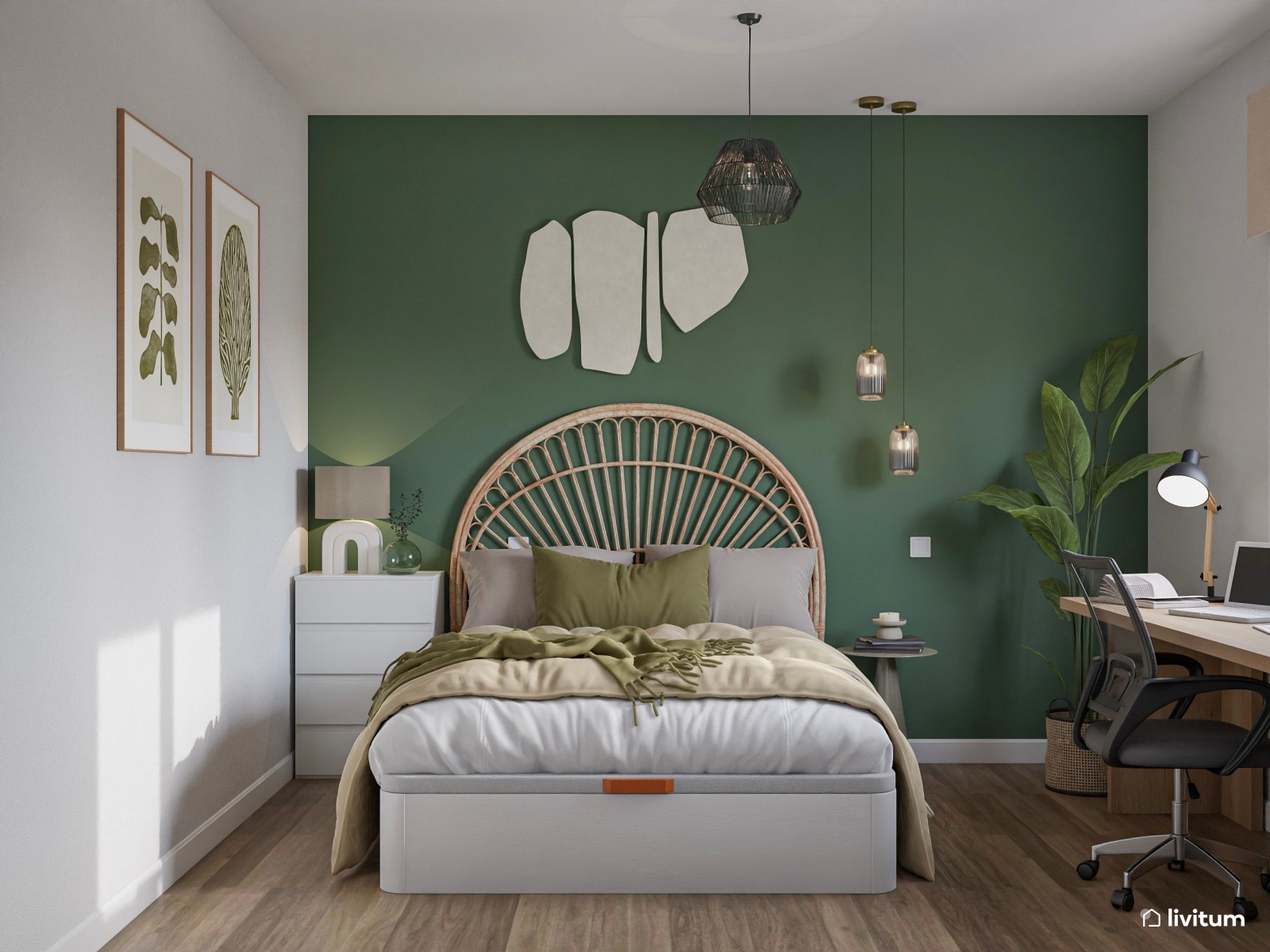 Dormitorio con espacio de trabajo en verde y madera