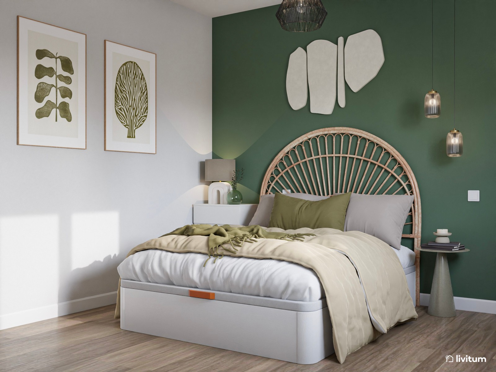 Dormitorio con espacio de trabajo en verde y madera