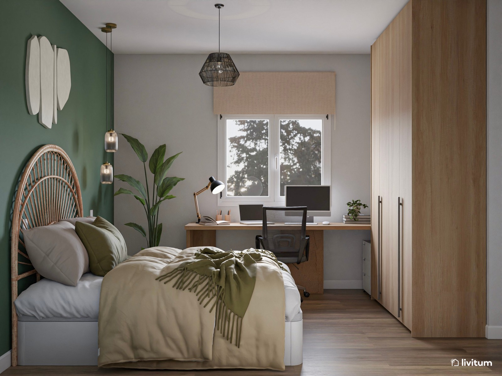 Dormitorio con espacio de trabajo en verde y madera