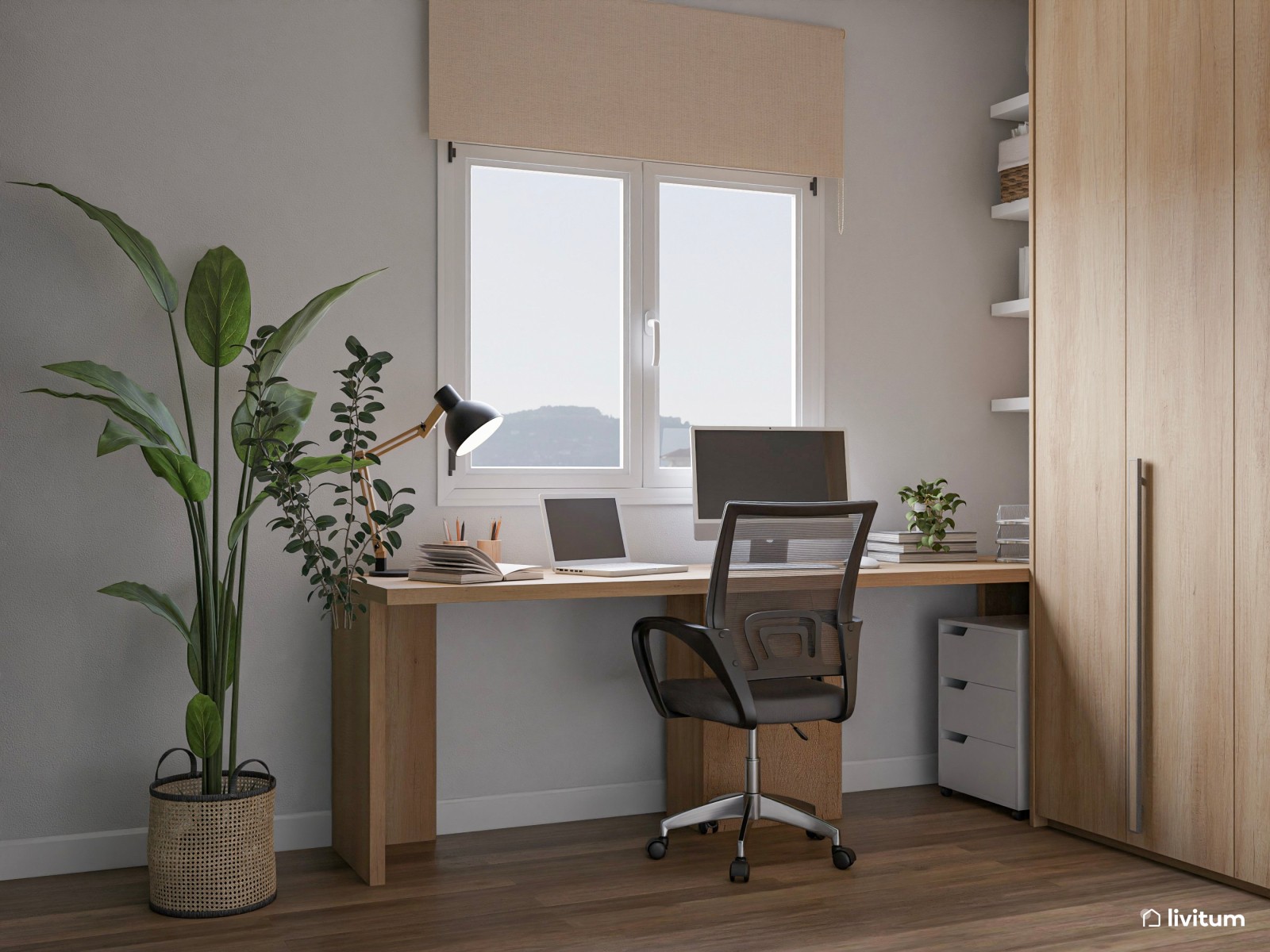 Dormitorio con espacio de trabajo en verde y madera