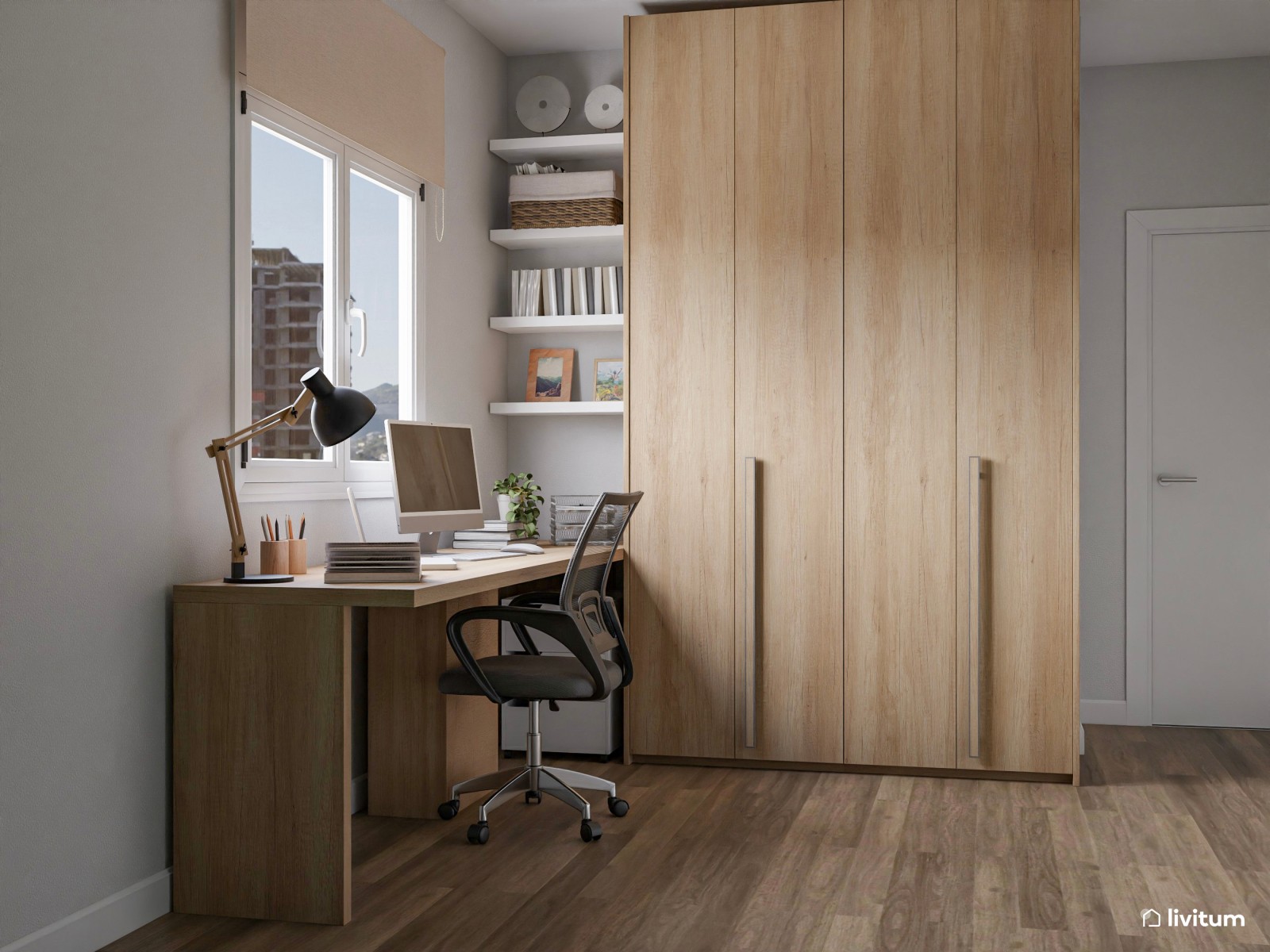 Dormitorio con espacio de trabajo en verde y madera
