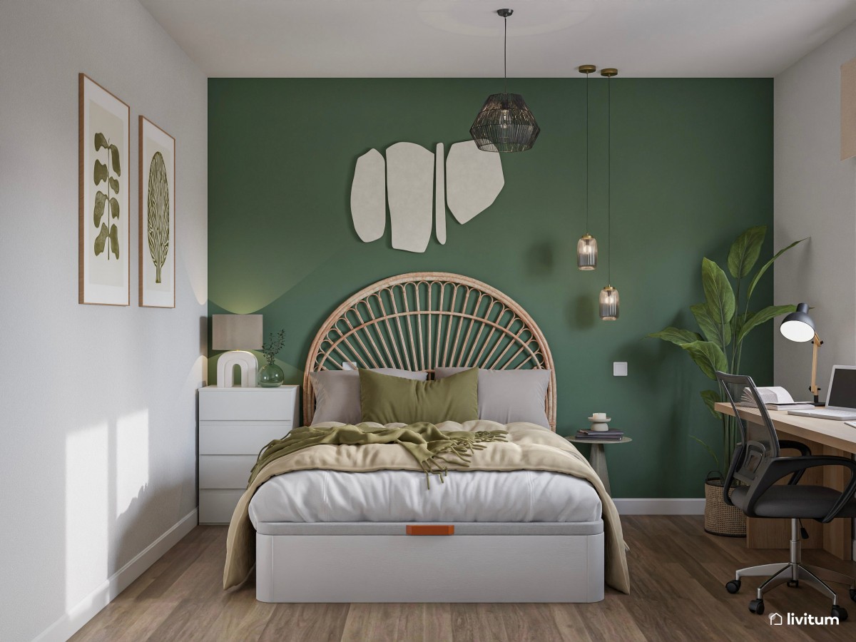 Dormitorio con espacio de trabajo en verde y madera