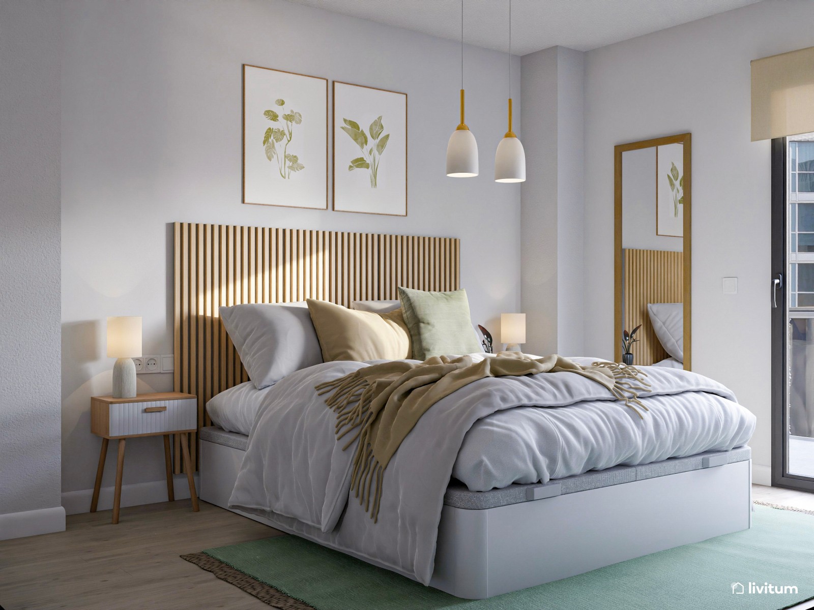 Dormitorio con listones de madera y detalles en verde 