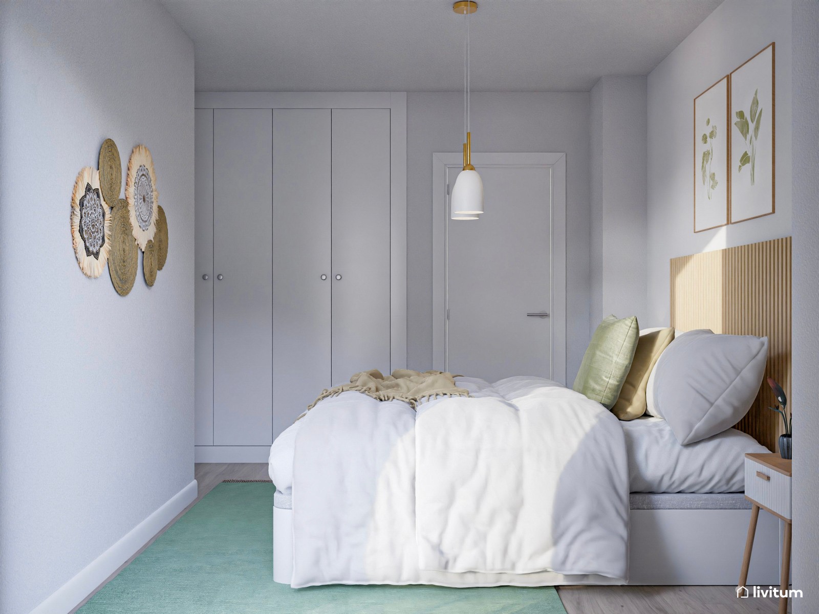 Dormitorio con listones de madera y detalles en verde 