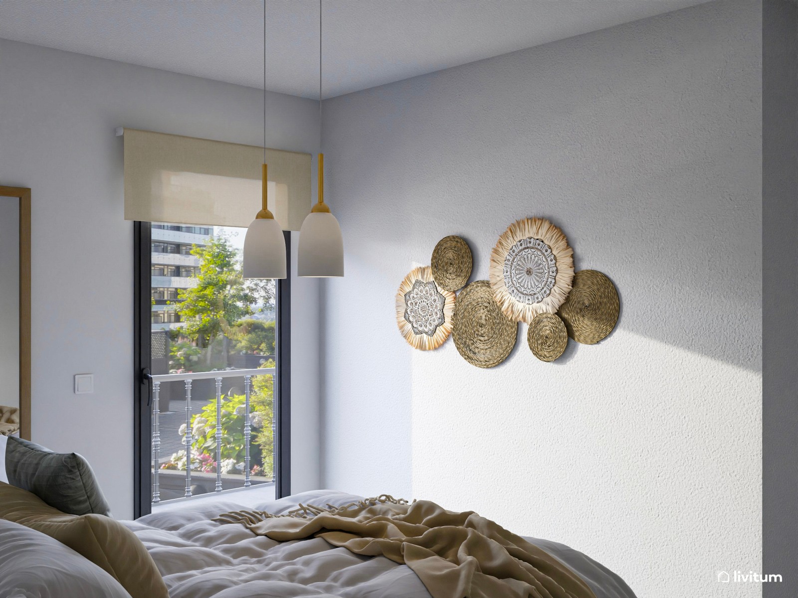 Dormitorio con listones de madera y detalles en verde 