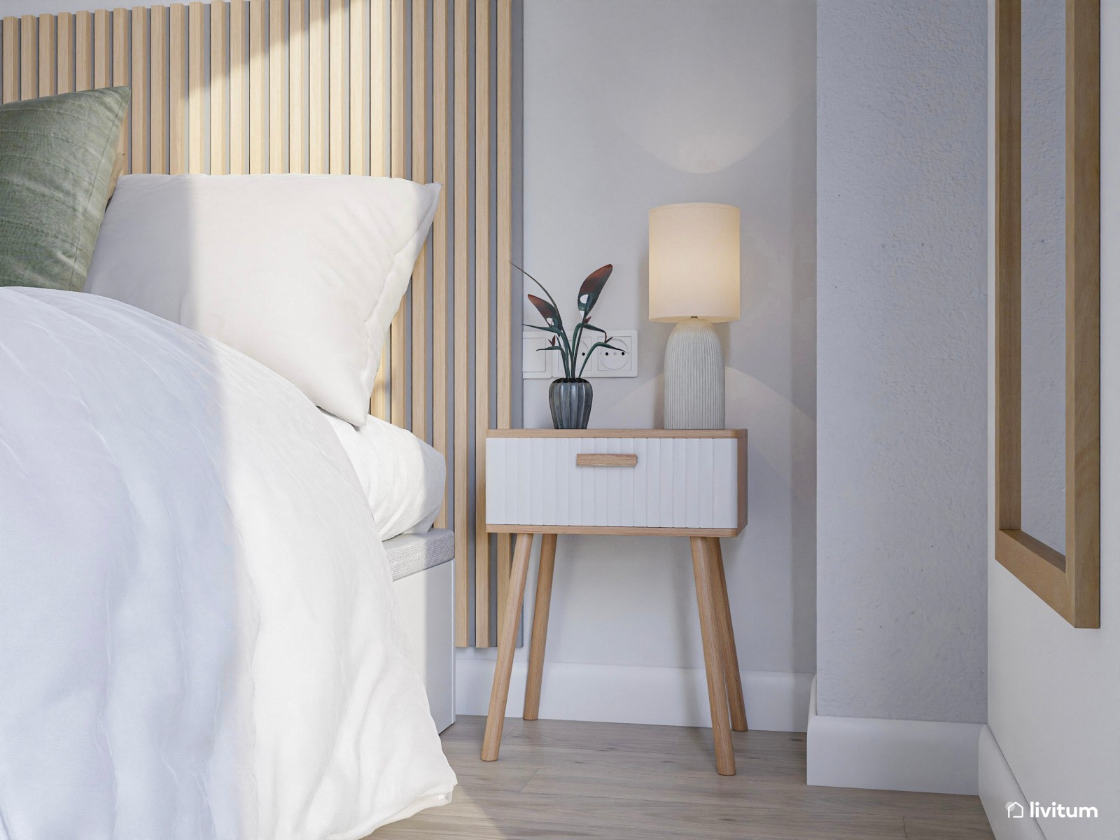 Dormitorio con listones de madera y detalles en verde 