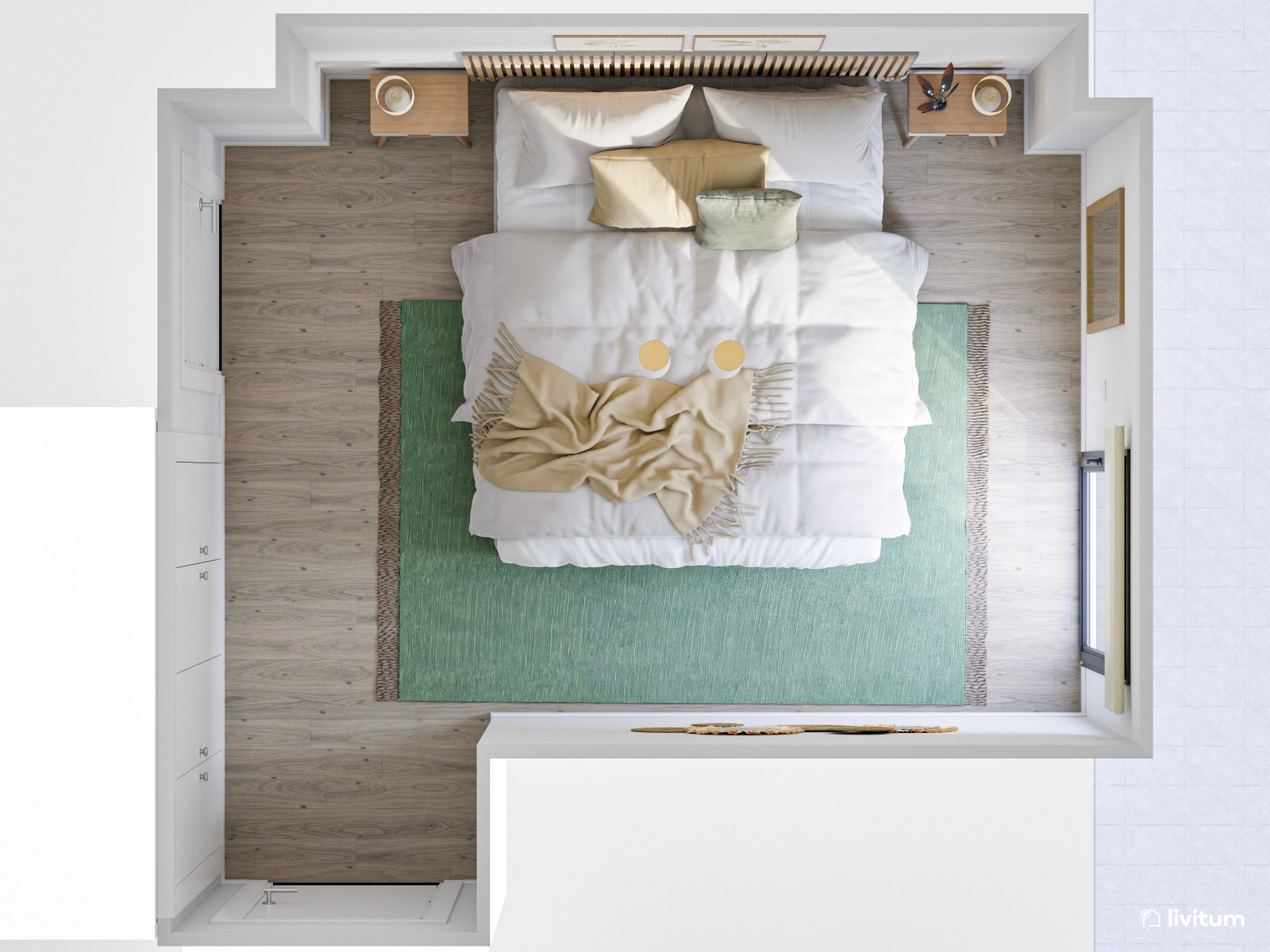 Dormitorio con listones de madera y detalles en verde 