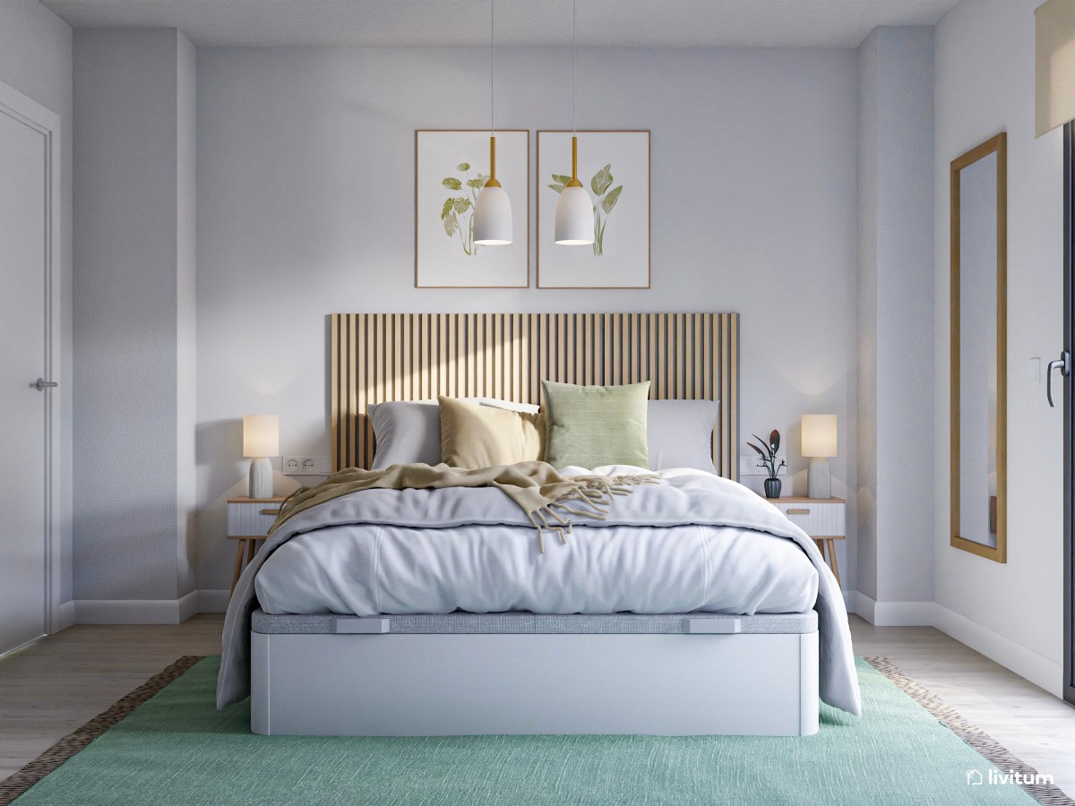 Dormitorio con listones de madera y detalles en verde