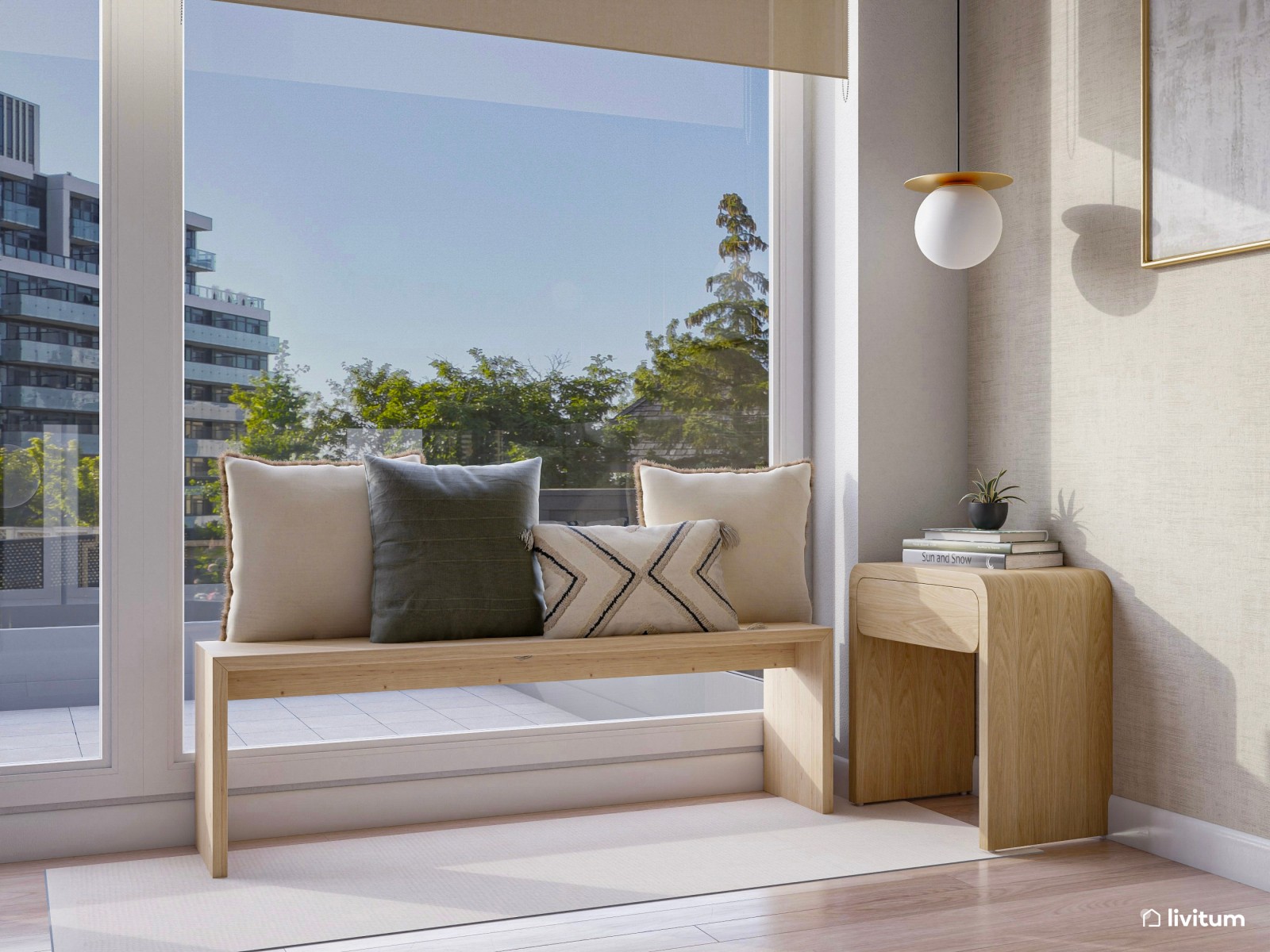 Dormitorio con listones de madera y zona de tocador