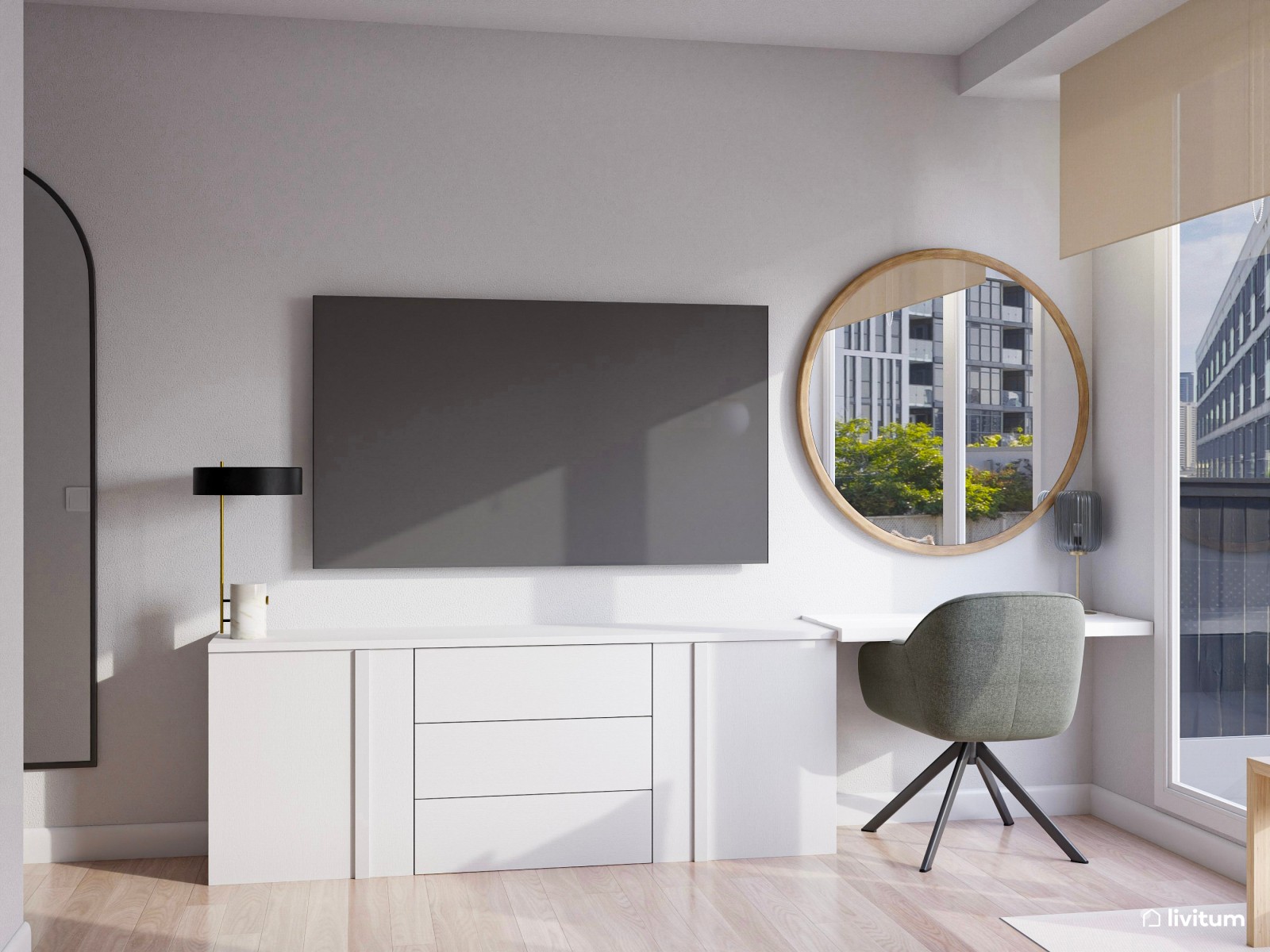 Dormitorio con listones de madera y zona de tocador