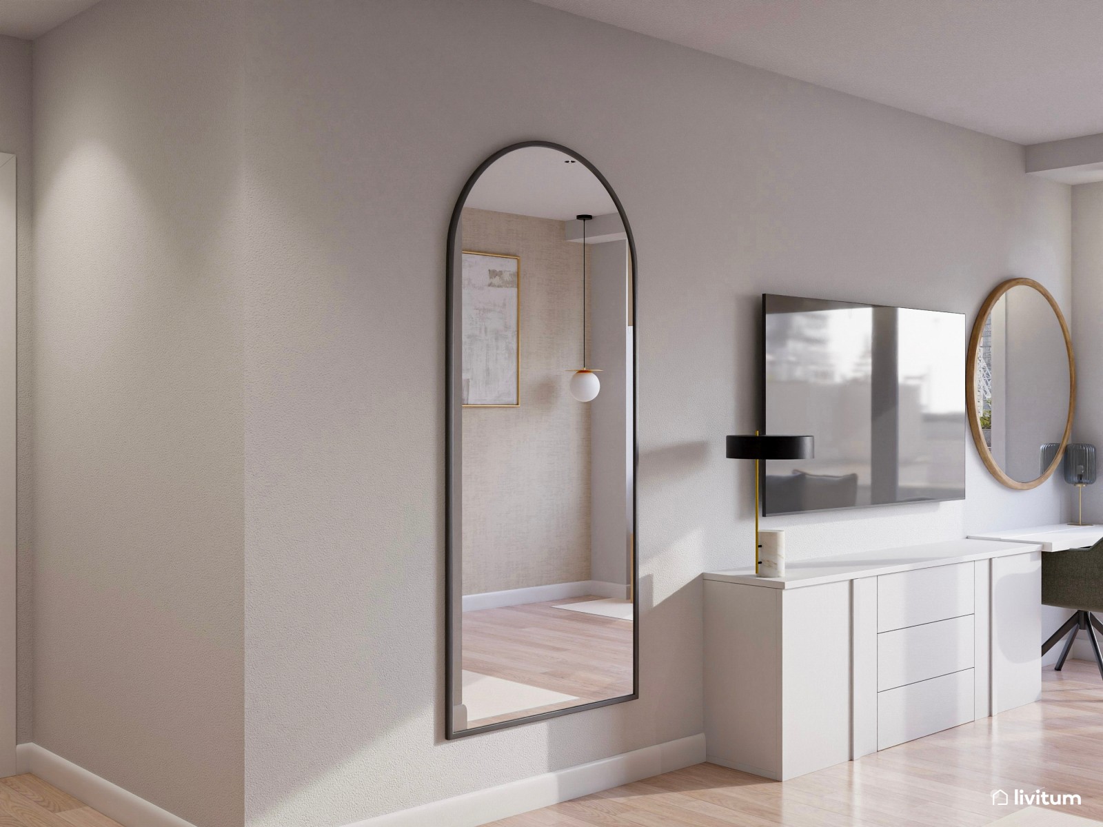 Dormitorio con listones de madera y zona de tocador