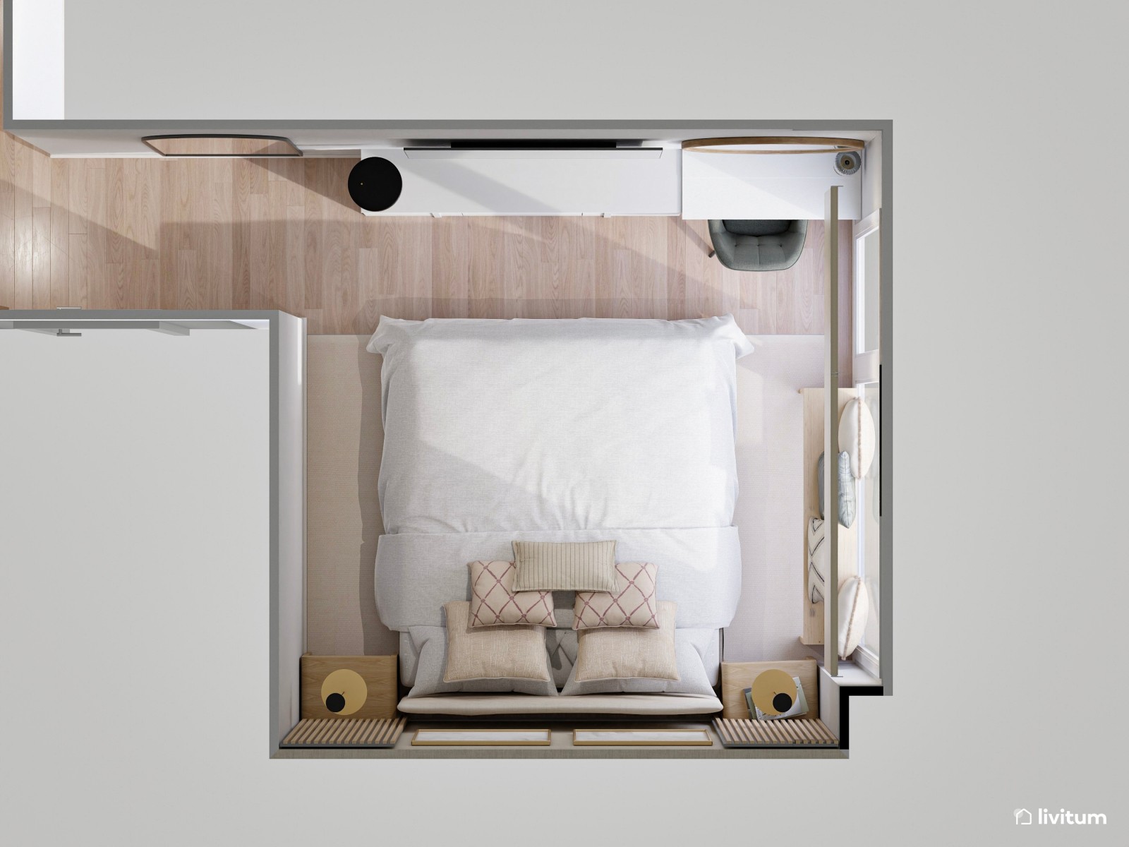 Dormitorio con listones de madera y zona de tocador