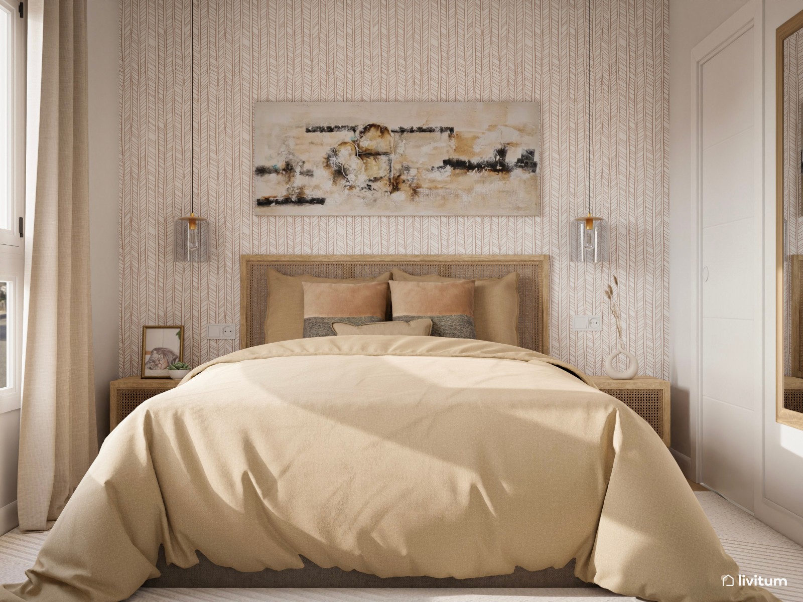 Dormitorio con papel pintado y colores suaves 