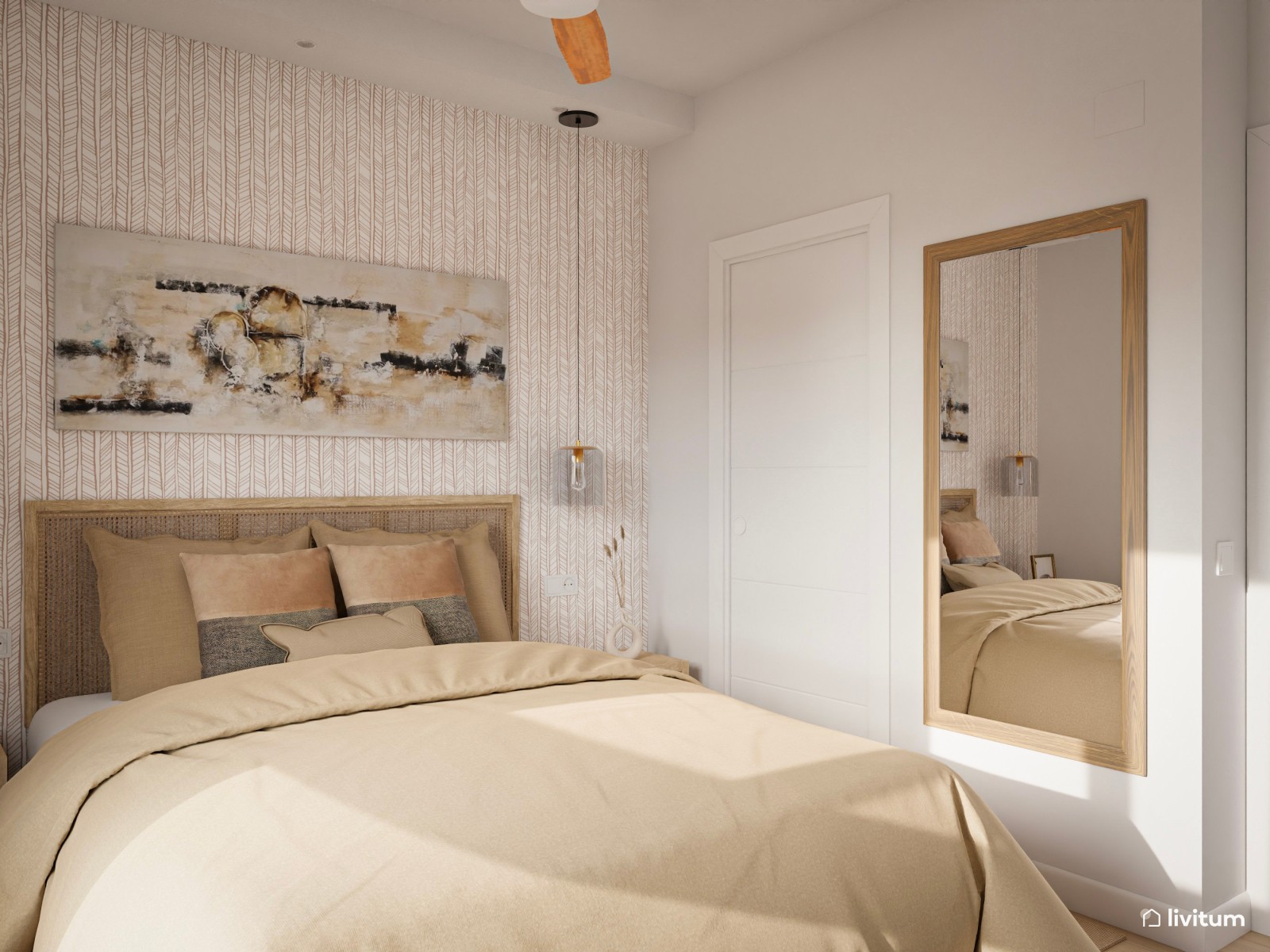 Dormitorio con papel pintado y colores suaves 