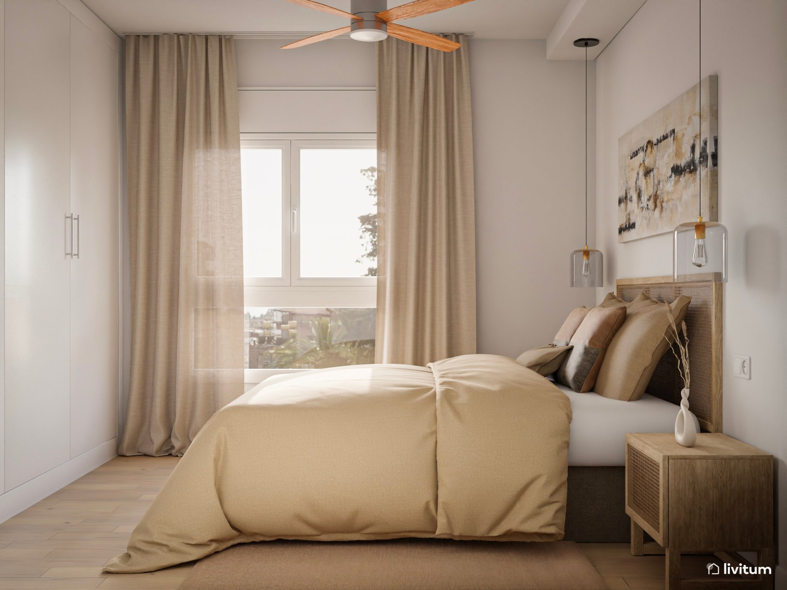 Dormitorio con papel pintado y colores suaves 
