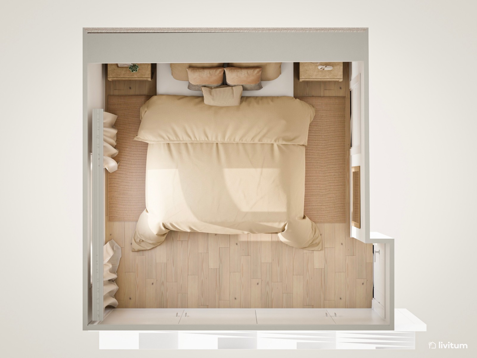 Dormitorio con papel pintado y colores suaves 