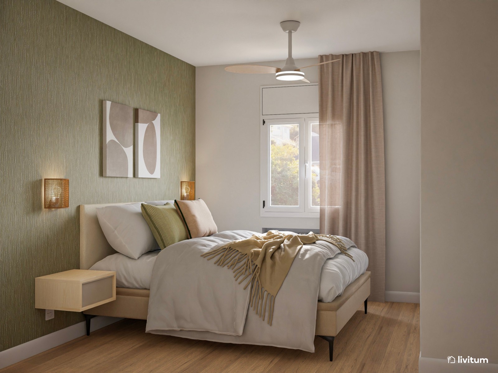 Dormitorio con pared empapelada en un elegante verde oliva
