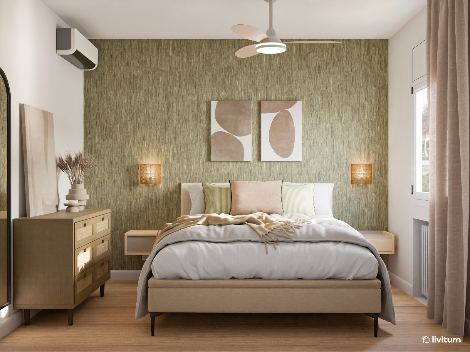 Dormitorio con pared empapelada en un elegante verde oliva