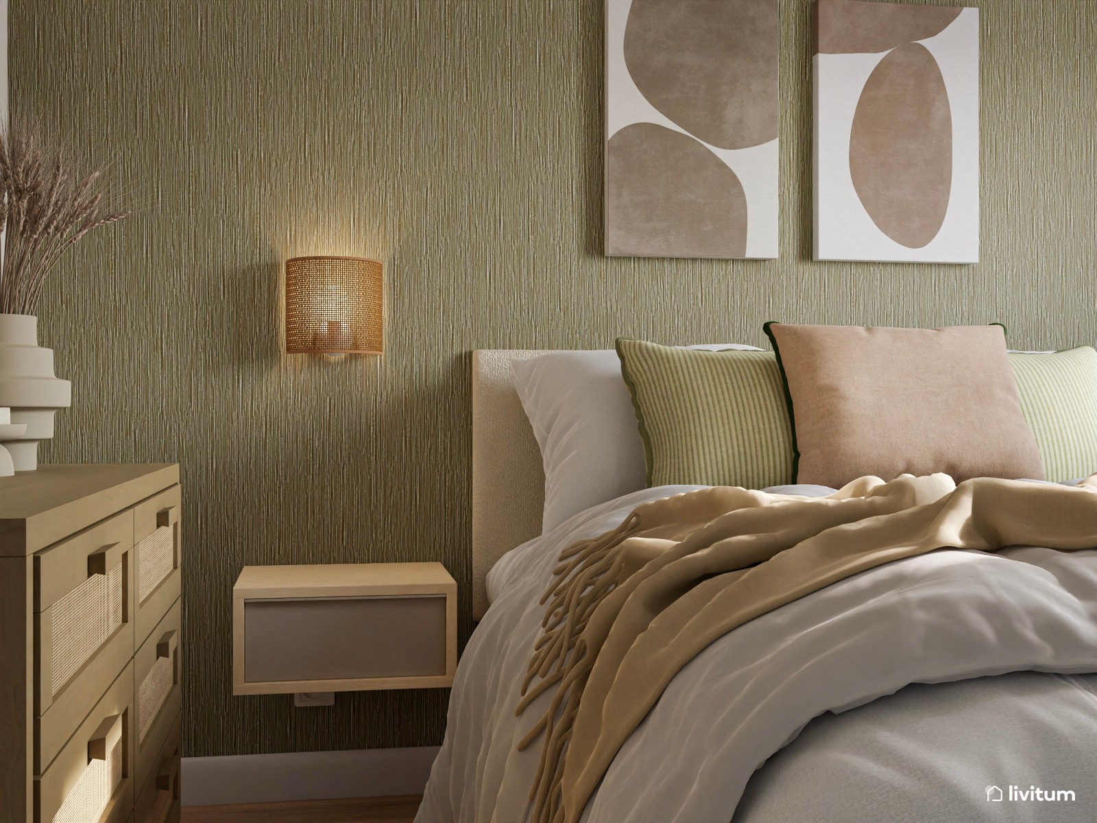 Dormitorio con pared empapelada en un elegante verde oliva