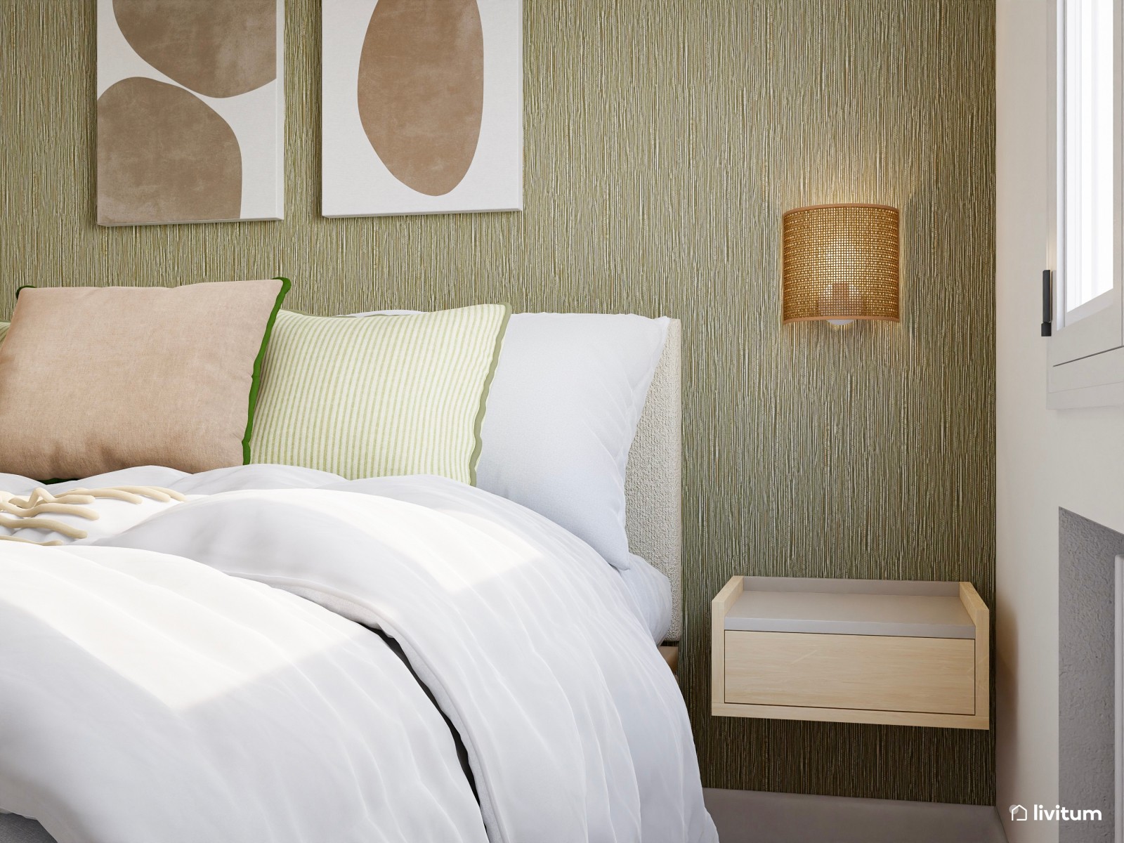 Dormitorio con pared empapelada en un elegante verde oliva