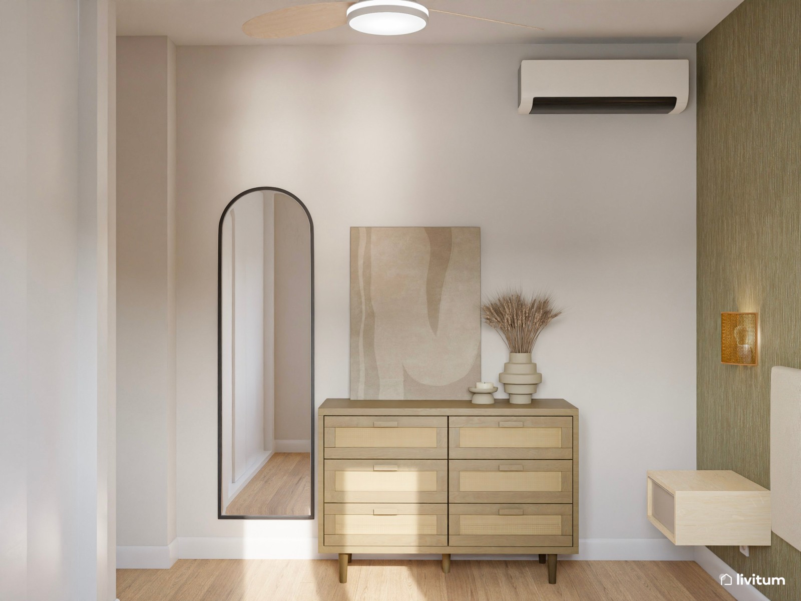 Dormitorio con pared empapelada en un elegante verde oliva