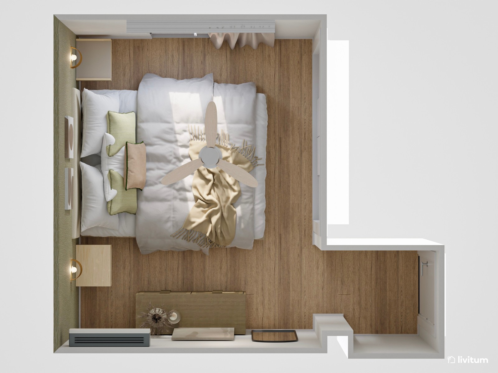 Dormitorio con pared empapelada en un elegante verde oliva