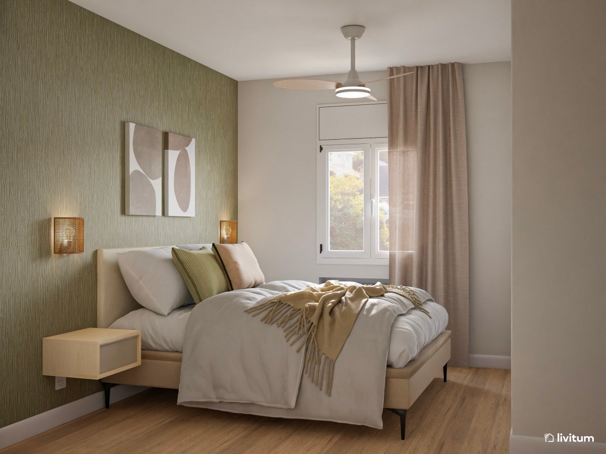 Dormitorio con pared empapelada en un elegante verde oliva