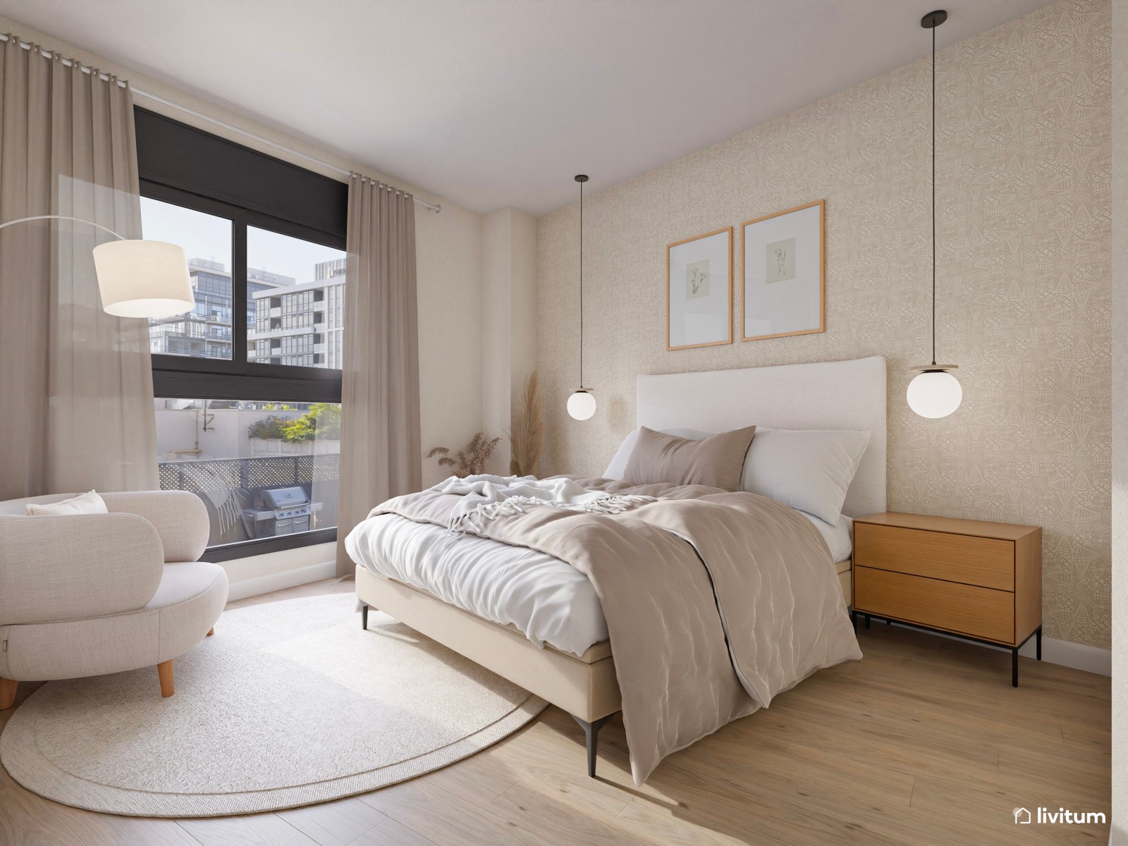 Dormitorio con planta irregular en tonos tierra muy suaves