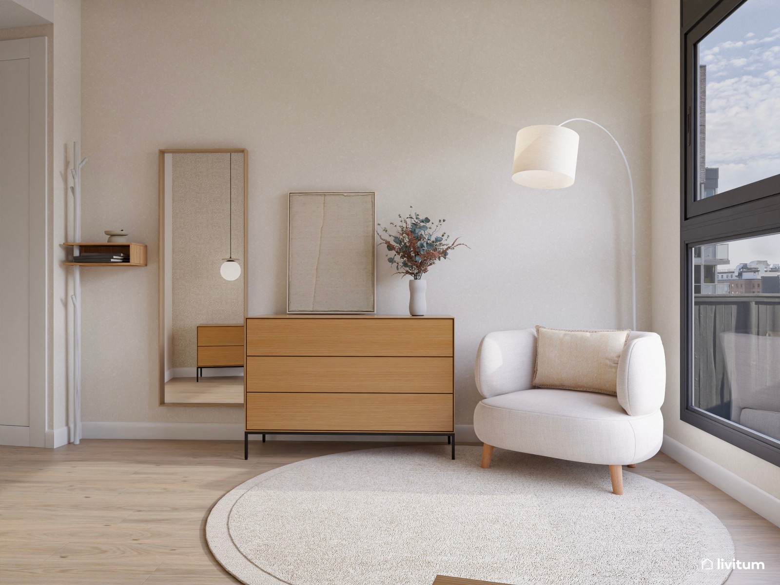 Dormitorio con planta irregular en tonos tierra muy suaves